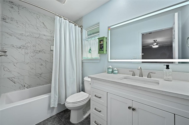 bathroom with vanity, marble finish floor, shower / bath combo, and toilet