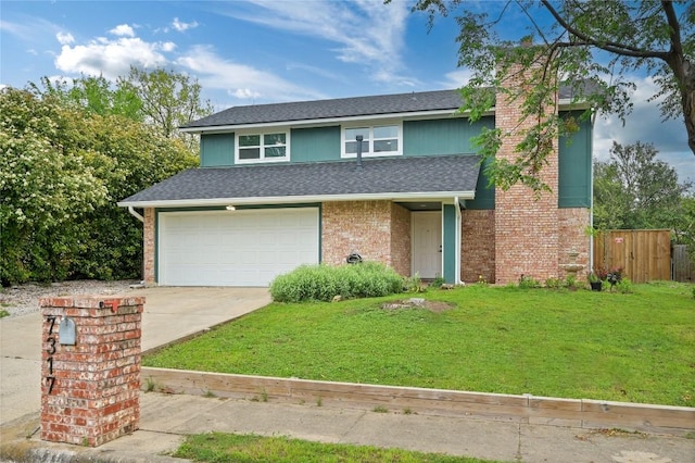 view of front of property with a front yard, fence, driveway, and roof with shingles