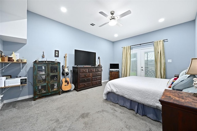 carpeted bedroom with baseboards, ceiling fan, access to exterior, and visible vents