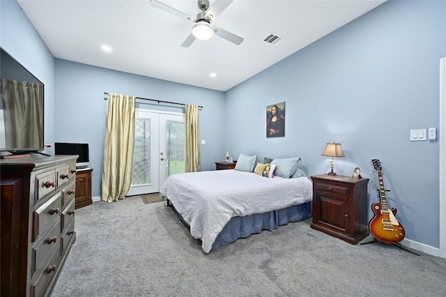 carpeted bedroom featuring visible vents, baseboards, ceiling fan, access to outside, and french doors