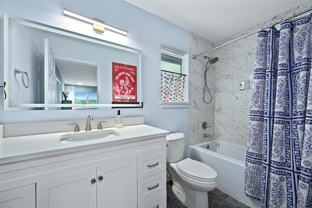 full bathroom with vanity, shower / bath combo with shower curtain, and toilet