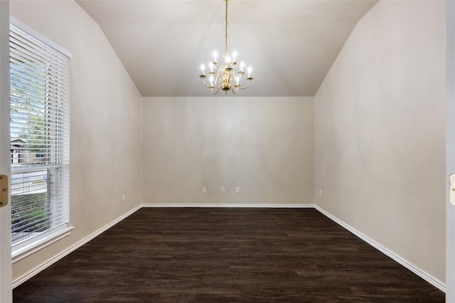4009 Veiled Falls Dr, Pflugerville, TX 78660 - unfurnished dining area with a chandelier, lofted ceiling, and dark wood-style floors