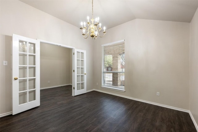 4009 Veiled Falls Dr, Pflugerville, TX 78660 - unfurnished dining area featuring french doors, dark wood-style floors, a chandelier, and lofted ceiling