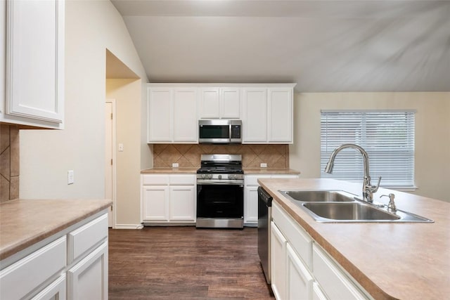 4009 Veiled Falls Dr, Pflugerville, TX 78660 - kitchen with stainless steel appliances, light countertops, vaulted ceiling, and white cabinets