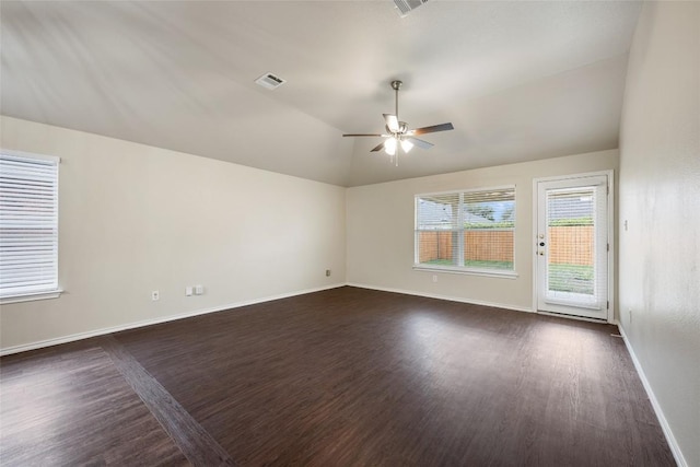 4009 Veiled Falls Dr, Pflugerville, TX 78660 - unfurnished room featuring a ceiling fan, dark wood-style floors, and lofted ceiling