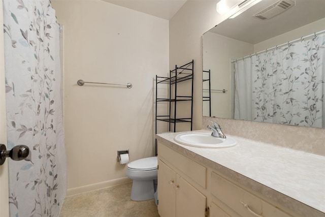 full bath featuring visible vents, baseboards, toilet, vanity, and tile patterned flooring