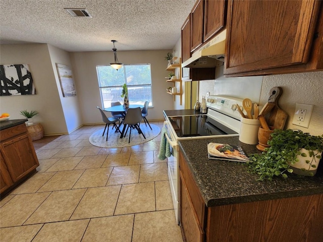 2516 Glen Field Dr, Cedar Park, TX 78613 - kitchen with open shelves, a textured ceiling, under cabinet range hood, light tile patterned floors, and electric range