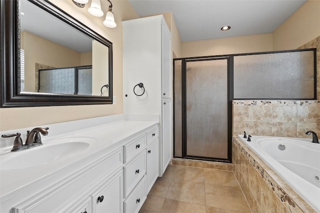 330 Arbors Cir, Elgin, TX 78621 - full bath featuring a shower stall, a tub with jets, vanity, and tile patterned floors