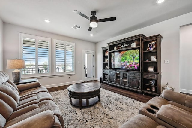 113 Cibolo Creek Loop, Bastrop, TX 78602 - living room featuring ceiling fan, dark wood finished floors, and recessed lighting