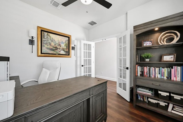 113 Cibolo Creek Loop, Bastrop, TX 78602 - home office with french doors, ceiling fan, and dark wood-type flooring