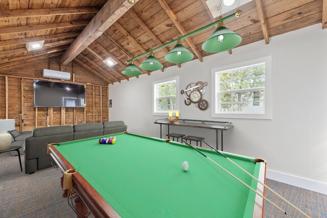 904 Fisher St, Taylor, TX 76574 - playroom featuring wood ceiling, pool table, carpet flooring, and wooden walls