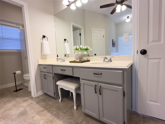 bathroom featuring tile patterned floors, toilet, ceiling fan, and double vanity