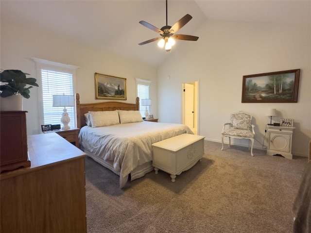 carpeted bedroom featuring multiple windows, high vaulted ceiling, ceiling fan, and baseboards