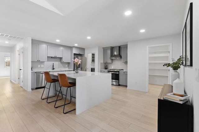 kitchen featuring visible vents, stainless steel appliances, light wood-style floors, gray cabinetry, and wall chimney range hood