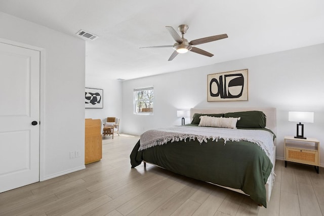 bedroom featuring visible vents, a ceiling fan, and wood finished floors