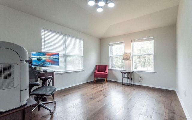 20700 Deep Crk, Lago Vista, TX 78645 - office area featuring plenty of natural light, wood finished floors, baseboards, and vaulted ceiling