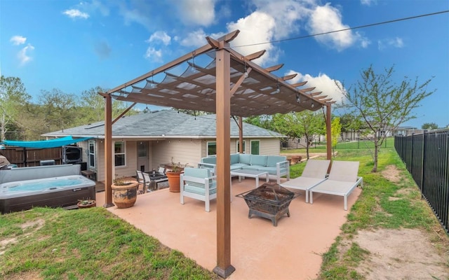 20700 Deep Crk, Lago Vista, TX 78645 - view of patio featuring an outdoor living space with a fire pit, a hot tub, and a pergola