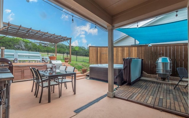 20700 Deep Crk, Lago Vista, TX 78645 - fenced backyard with a hot tub, outdoor dining space, a patio, and a pergola