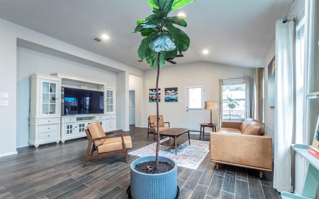 20700 Deep Crk, Lago Vista, TX 78645 - living room with wood tiled floors, lofted ceiling, recessed lighting, and baseboards