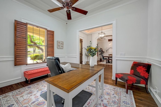 290 Trailmaster Cir, Driftwood, TX 78619 - office space featuring crown molding, wood finished floors, a ceiling fan, a decorative wall, and wainscoting
