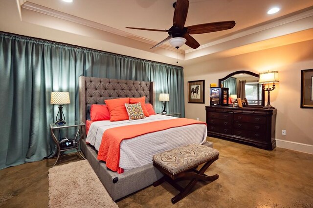 2129 Woodland Bend Rd, Salado, TX 76571 - bedroom featuring finished concrete flooring, a tray ceiling, crown molding, recessed lighting, and baseboards