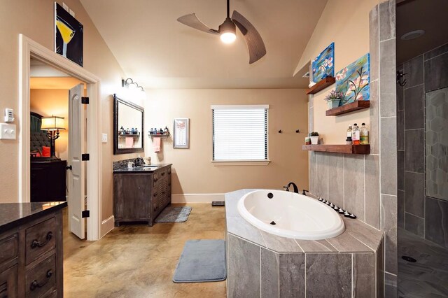 2129 Woodland Bend Rd, Salado, TX 76571 - bathroom with vanity, baseboards, walk in shower, ceiling fan, and a bath