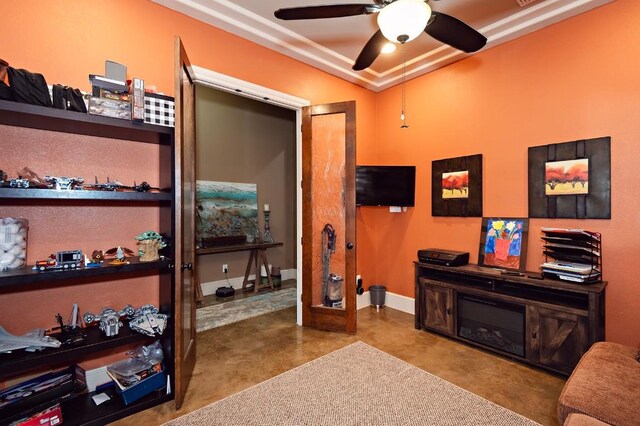 2129 Woodland Bend Rd, Salado, TX 76571 - home office featuring baseboards, ceiling fan, and a tray ceiling