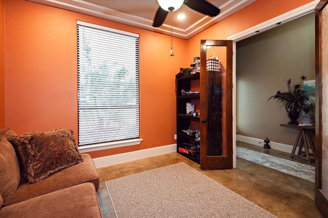 2129 Woodland Bend Rd, Salado, TX 76571 - living area with recessed lighting, ornamental molding, baseboards, and ceiling fan