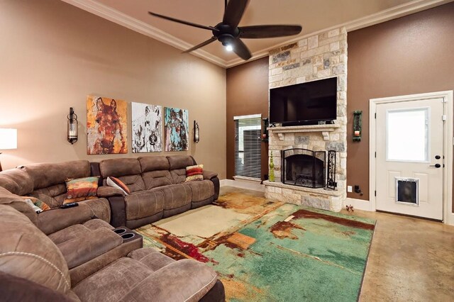 2129 Woodland Bend Rd, Salado, TX 76571 - living room with crown molding, a towering ceiling, a ceiling fan, a stone fireplace, and concrete flooring