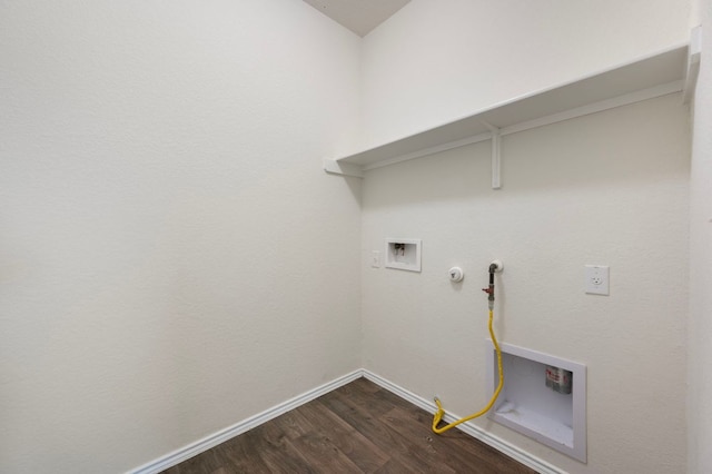 laundry room featuring laundry area, dark wood finished floors, hookup for a washing machine, hookup for a gas dryer, and baseboards