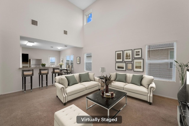 3603 Canaan Matthew Dr, Austin, TX 78725 - carpeted living area featuring plenty of natural light and a high ceiling