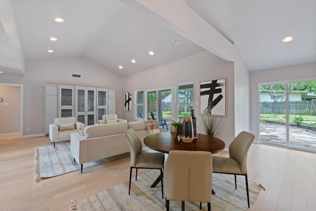 8702 Willowick Dr, Austin, TX 78759 - dining area featuring plenty of natural light, light wood-type flooring, high vaulted ceiling, and recessed lighting