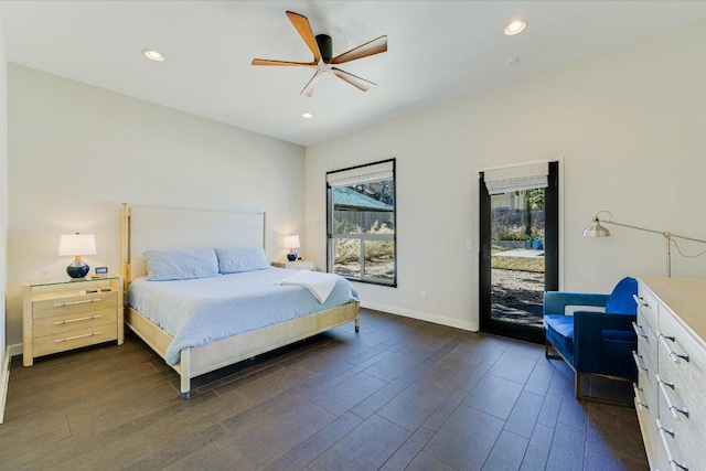 bedroom with multiple windows, access to exterior, dark wood-style flooring, recessed lighting, and baseboards