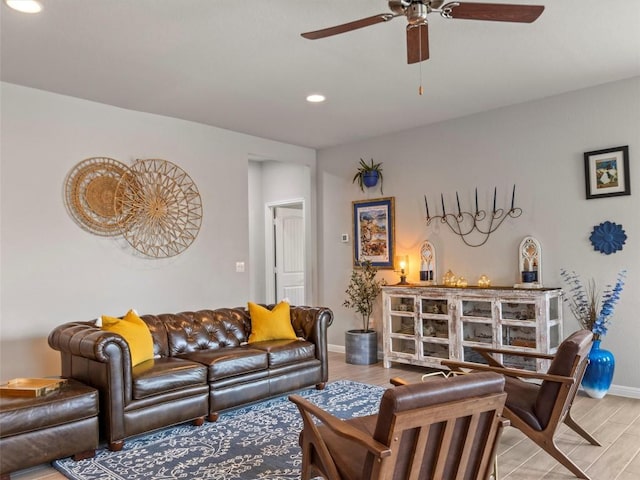 4104 Porter Farm Rd, Georgetown, TX 78628 - living area featuring a ceiling fan, light wood-style flooring, baseboards, and recessed lighting
