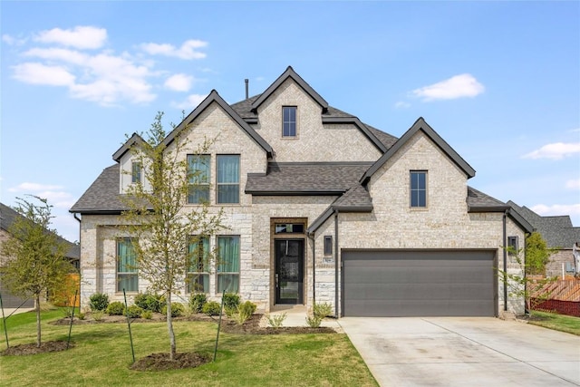 104 Trans Pecos Ct, Georgetown, TX 78628 - french country home featuring a shingled roof, driveway, a front lawn, and stone siding