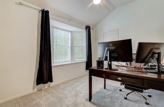 30003 Oakland Hills Dr, Georgetown, TX 78628 - office area with vaulted ceiling, carpet flooring, and ceiling fan