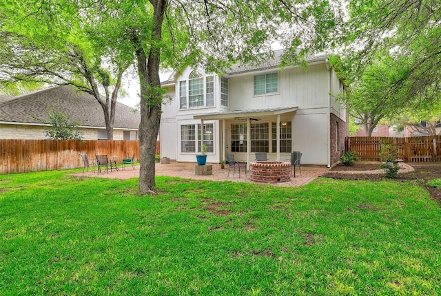 30003 Oakland Hills Dr, Georgetown, TX 78628 - rear view of house featuring an outdoor fire pit, a fenced backyard, a patio, and a ceiling fan