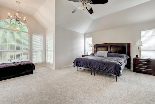 30003 Oakland Hills Dr, Georgetown, TX 78628 - bedroom featuring carpet, a chandelier, vaulted ceiling, and ceiling fan