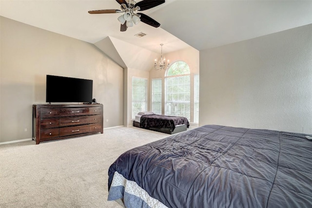 30003 Oakland Hills Dr, Georgetown, TX 78628 - carpeted bedroom with a chandelier, a ceiling fan, and lofted ceiling