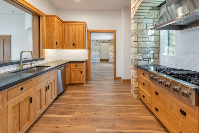 kitchen featuring wall chimney exhaust hood, a sink, light wood finished floors, stainless steel appliances, and decorative backsplash