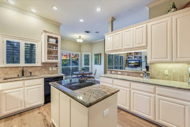 8001 Bell Mountain Dr, Austin, TX 78730 - kitchen featuring black appliances, ornamental molding, backsplash, light wood-style floors, and recessed lighting