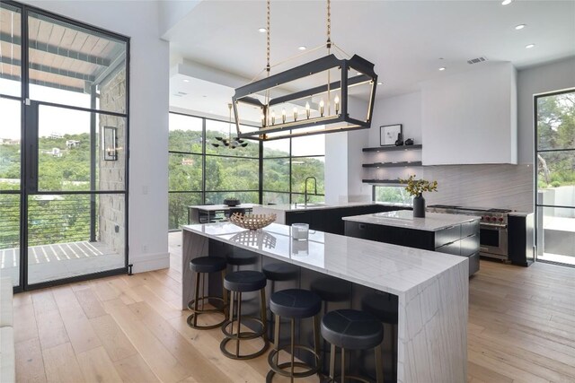 2701 Toro Canyon Rd Unit B, Austin, TX 78746 - kitchen with a kitchen island, high end stainless steel range, light wood-style flooring, decorative backsplash, and modern cabinets