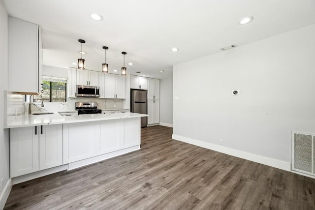 2009 Scofield Ln, Austin, TX 78727 - kitchen with appliances with stainless steel finishes, a peninsula, baseboards, wood finished floors, and light countertops