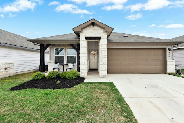 single story home with driveway, a garage, a front lawn, stone siding, and a porch
