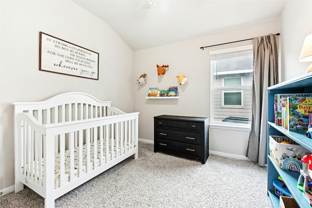 806 Vineyard Falls Rd, Austin, TX 78748 - carpeted bedroom featuring vaulted ceiling, a crib, and baseboards