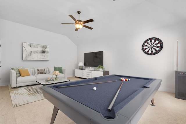 game room with carpet flooring, ceiling fan, lofted ceiling, and pool table