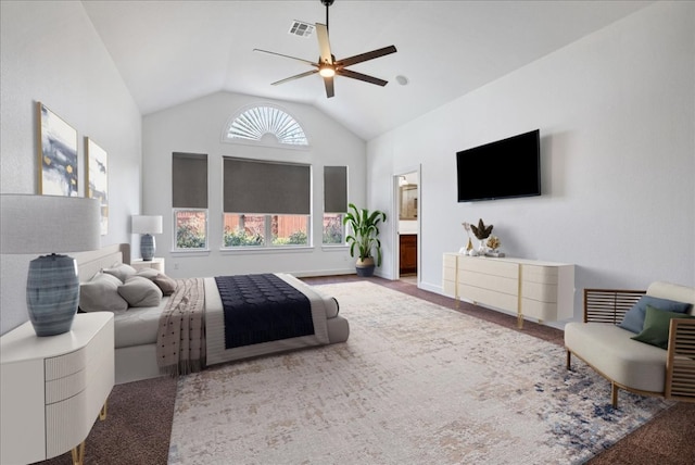 5701 Cherokee Draw Rd, Austin, TX 78738 - carpeted bedroom featuring vaulted ceiling, ceiling fan, and ensuite bathroom