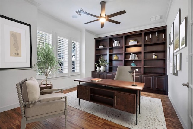 5701 Cherokee Draw Rd, Austin, TX 78738 - home office featuring crown molding, baseboards, a ceiling fan, and dark wood-type flooring