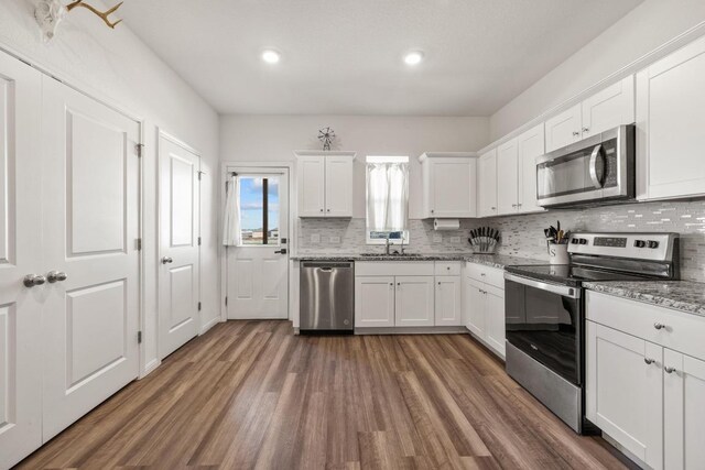 kitchen with a sink, tasteful backsplash, appliances with stainless steel finishes, and dark wood-style flooring