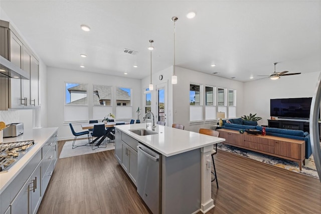 1209 Willie Ranch Way, Leander, TX 78641 - kitchen featuring gray cabinetry, stainless steel appliances, a sink, dark wood finished floors, and light countertops